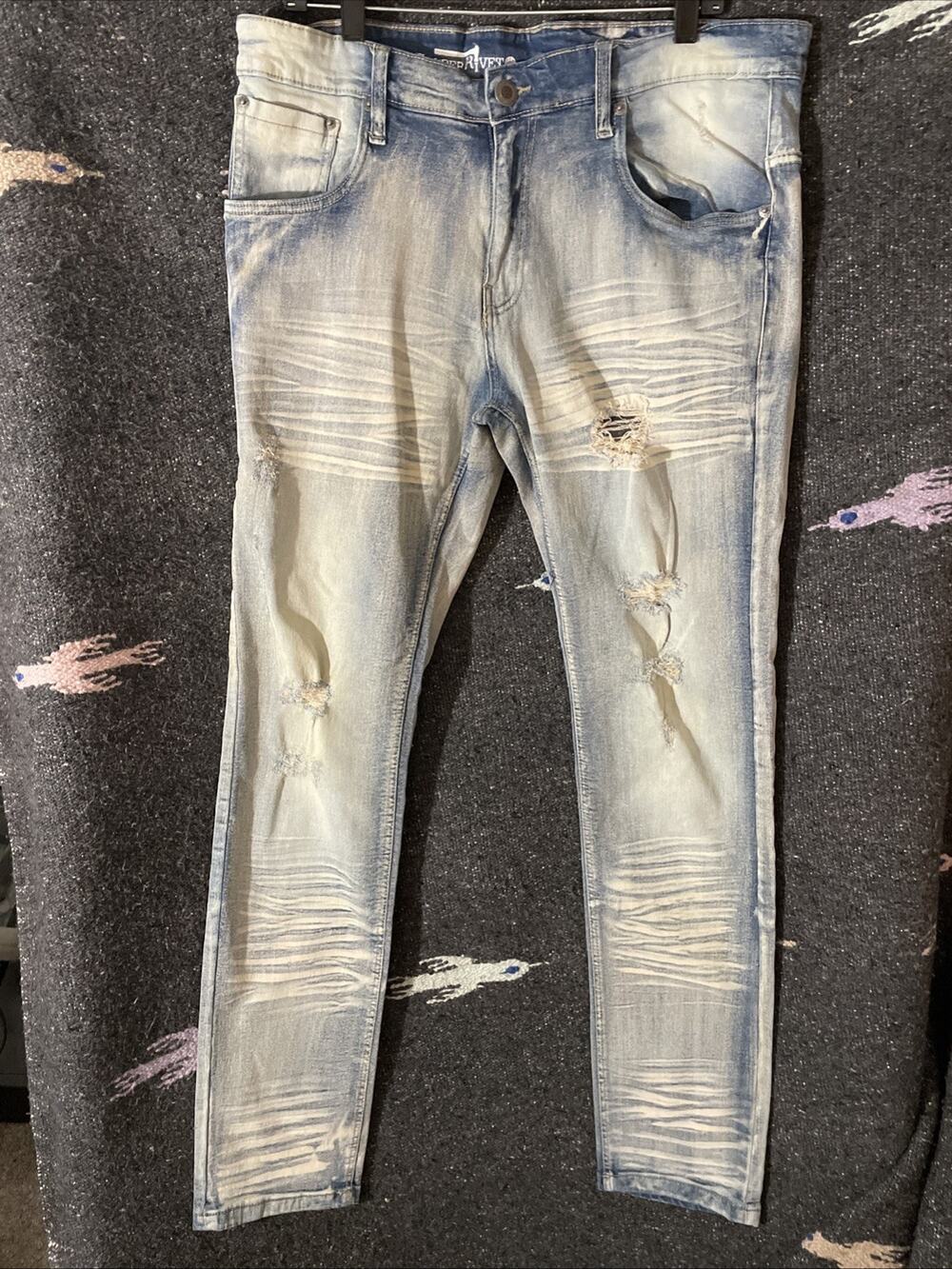 Copper Rivet Men's Slim Fit Jeans 36x34 Distressed, Straight Leg, Light Wash